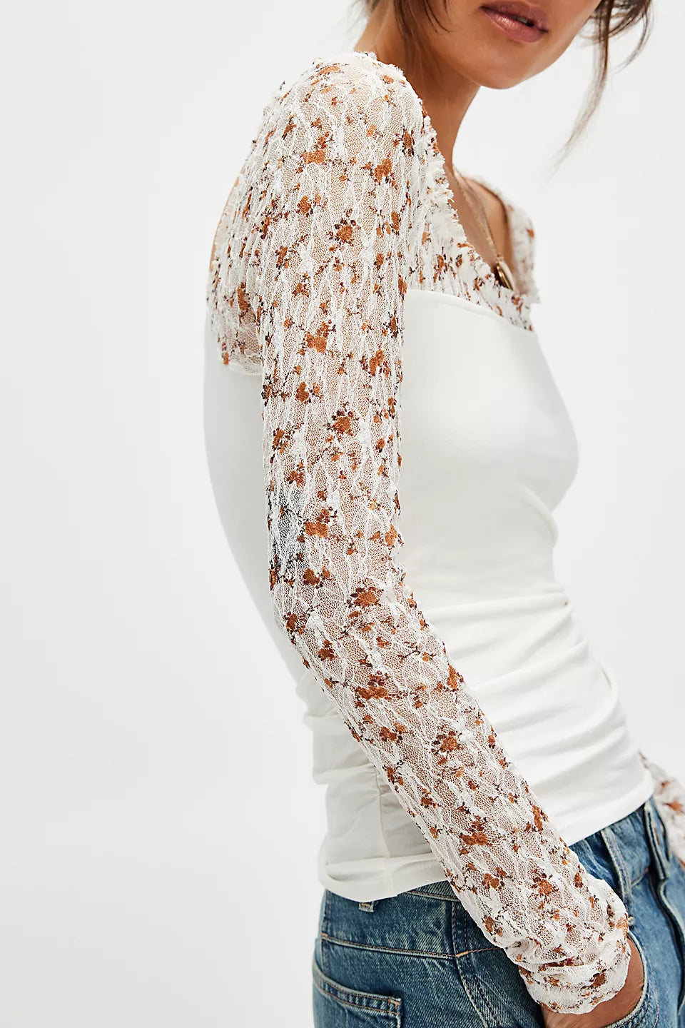 FREE PEOPLE Floral LaceSleeve JOSIE Twofer Top