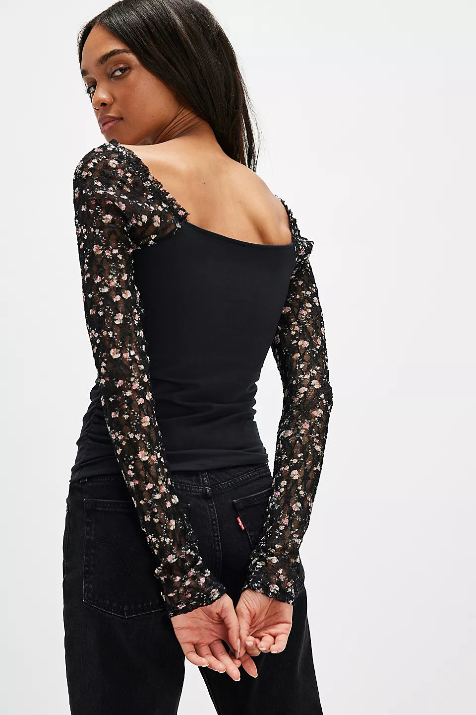 FREE PEOPLE Floral LaceSleeve JOSIE Twofer Top