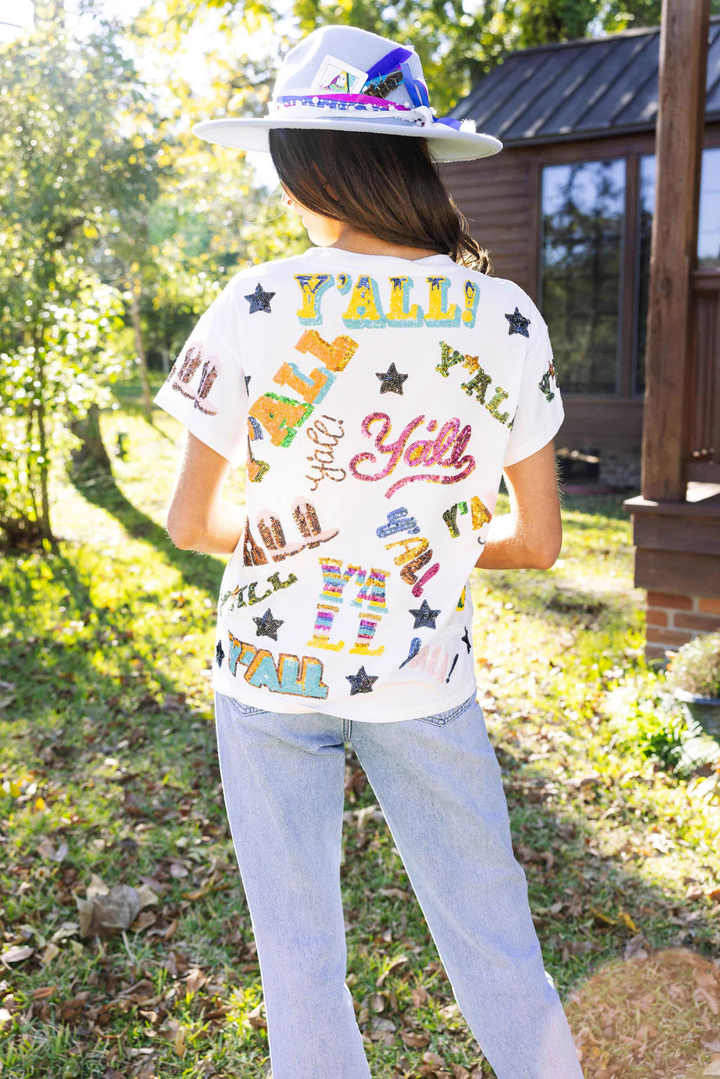 QUEEN OF SPARKLES Allover Y’ALL Sequin Short Sleeve Tee