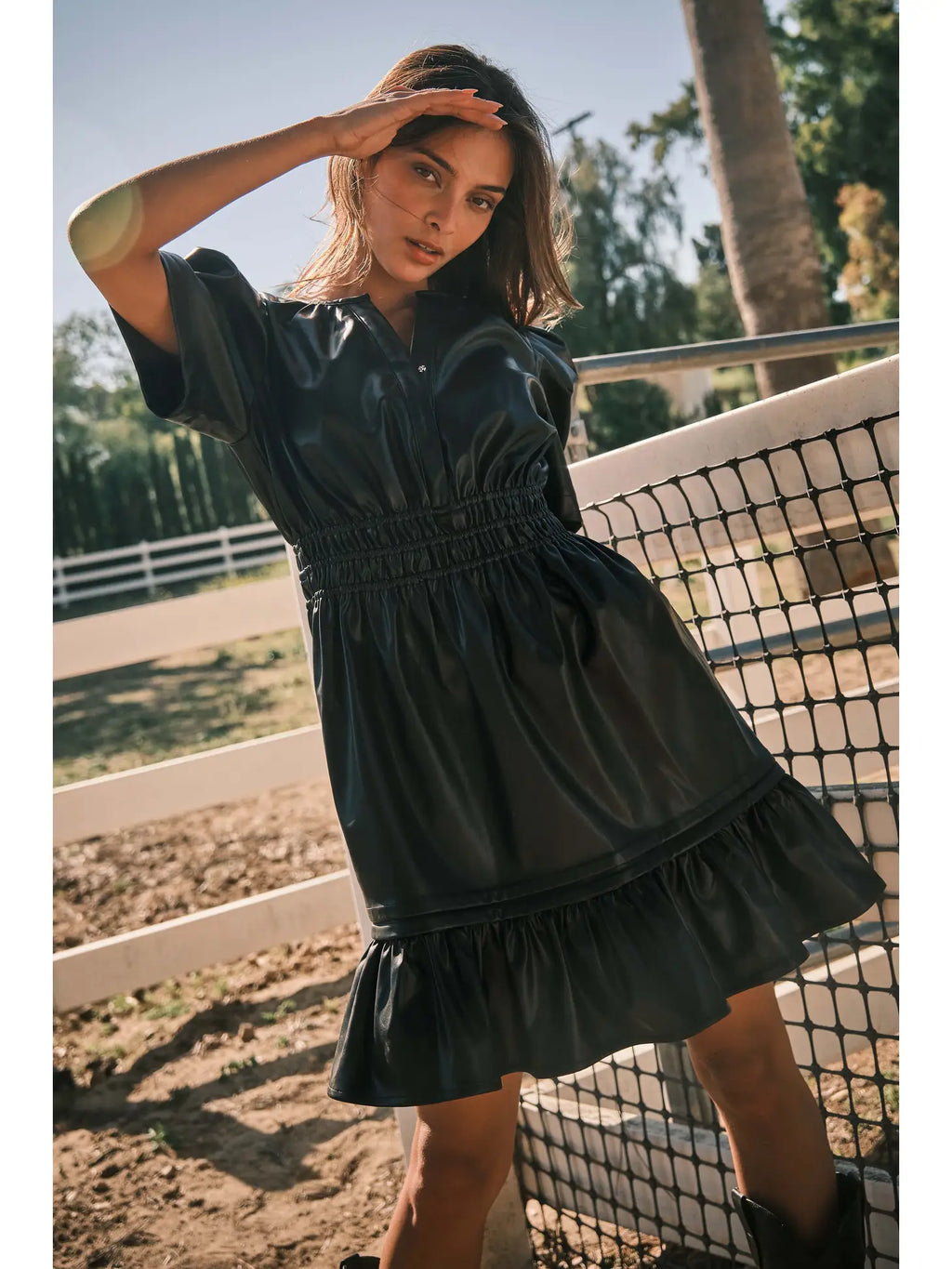 ANSEL Vegan Leather Smock Waist Tiered Bottom Dress