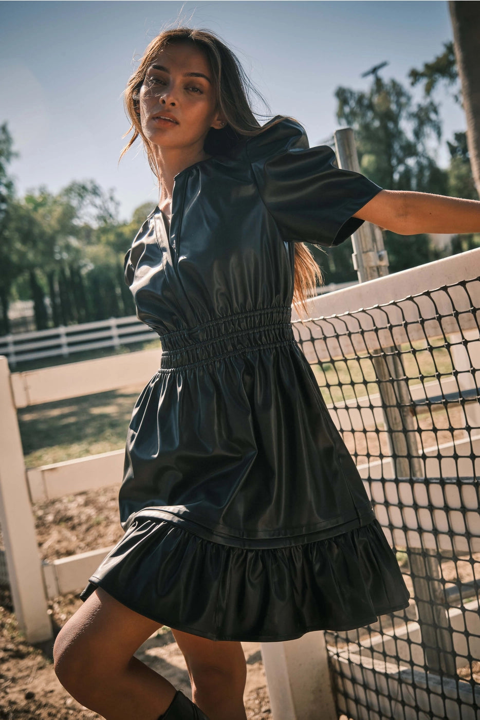 ANSEL Vegan Leather Smock Waist Tiered Bottom Dress