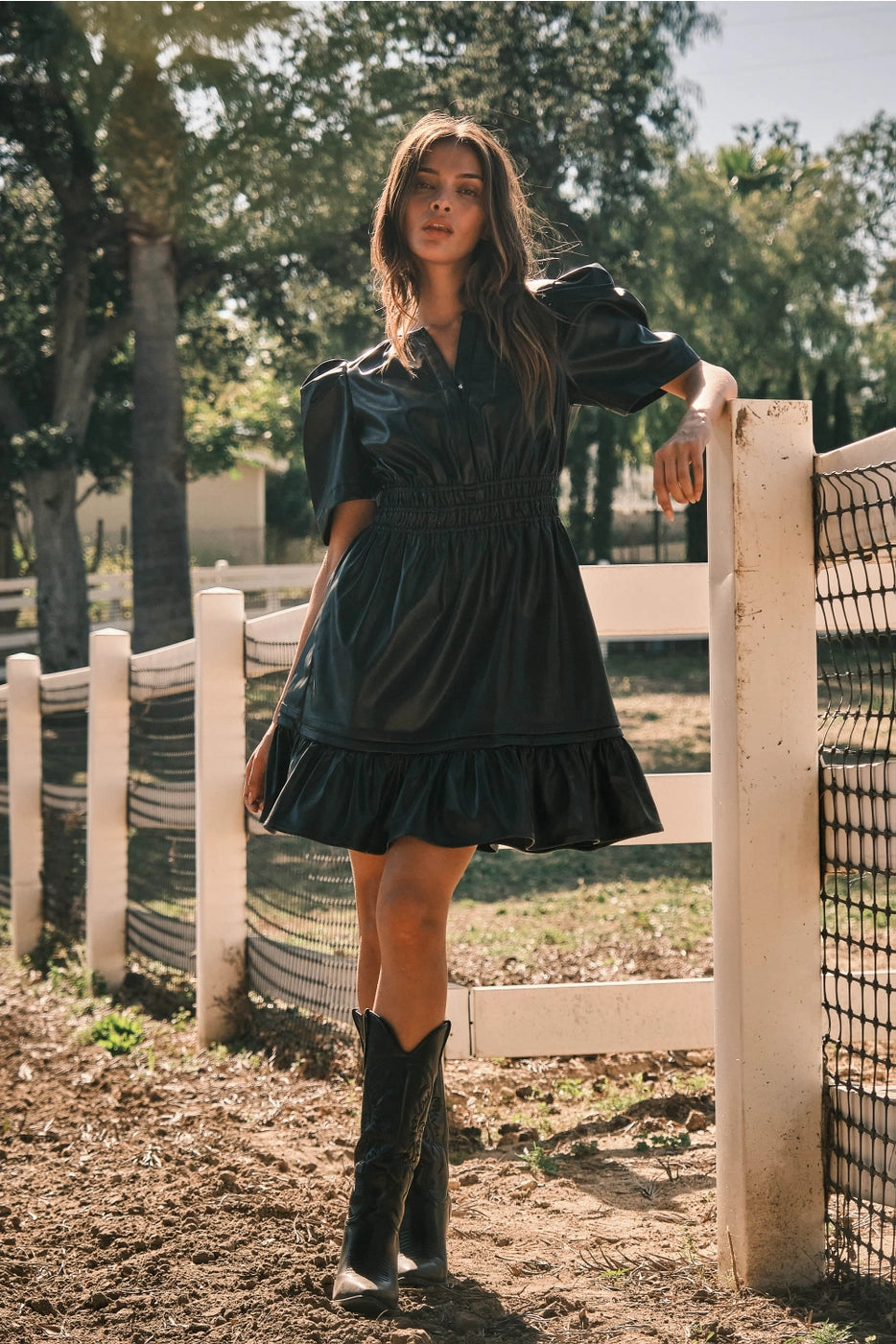 ANSEL Vegan Leather Smock Waist Tiered Bottom Dress