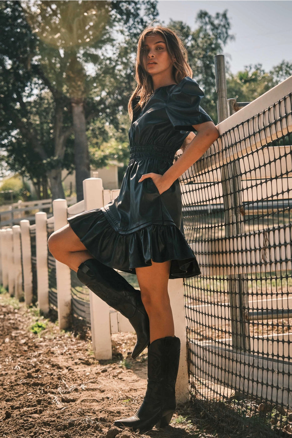 ANSEL Vegan Leather Smock Waist Tiered Bottom Dress