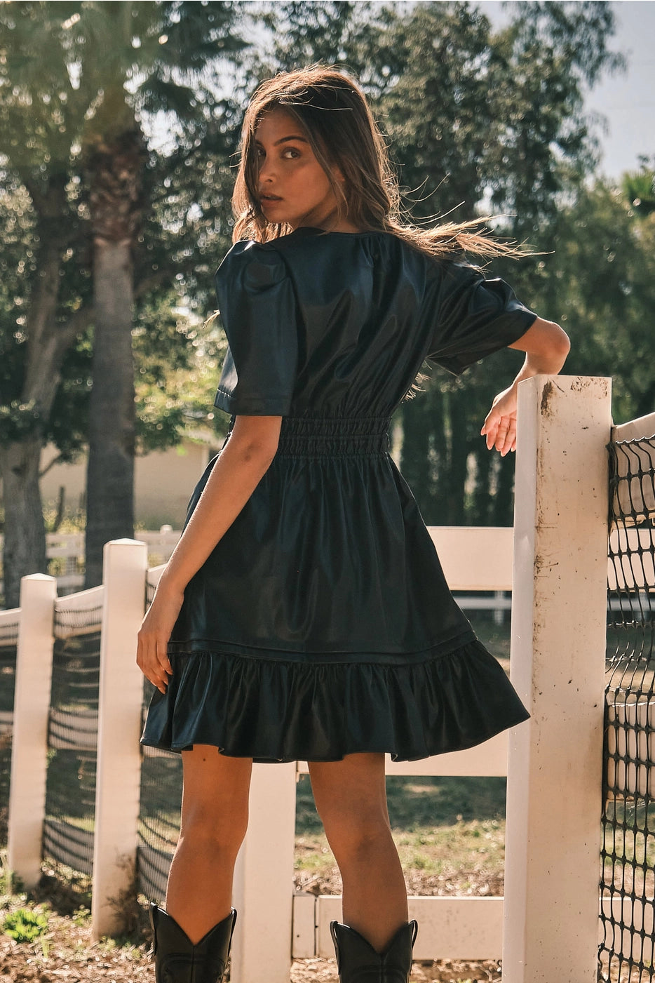 ANSEL Vegan Leather Smock Waist Tiered Bottom Dress