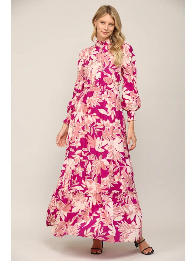 ANNIKA Floral Smocked RuffleNeck Maxi Dress