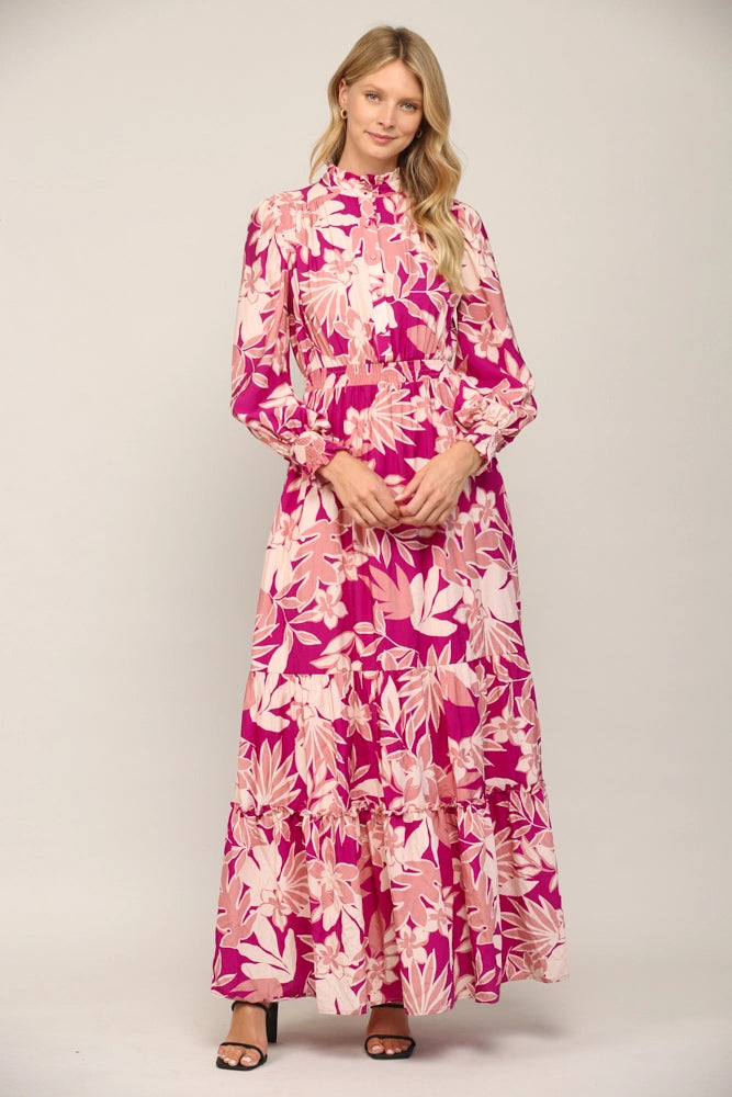 ANNIKA Floral Smocked RuffleNeck Maxi Dress