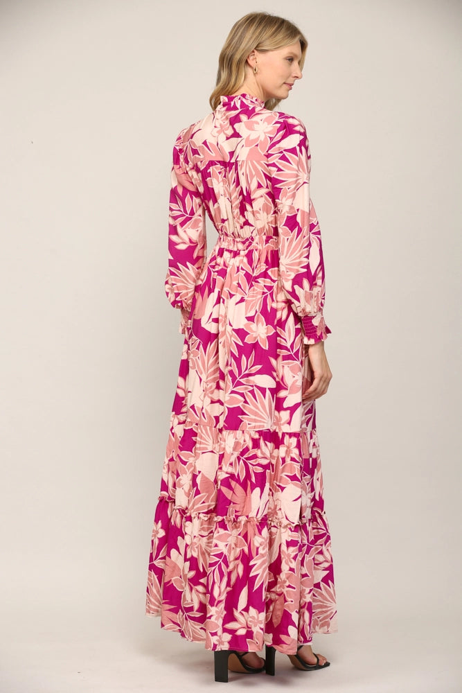 ANNIKA Floral Smocked RuffleNeck Maxi Dress