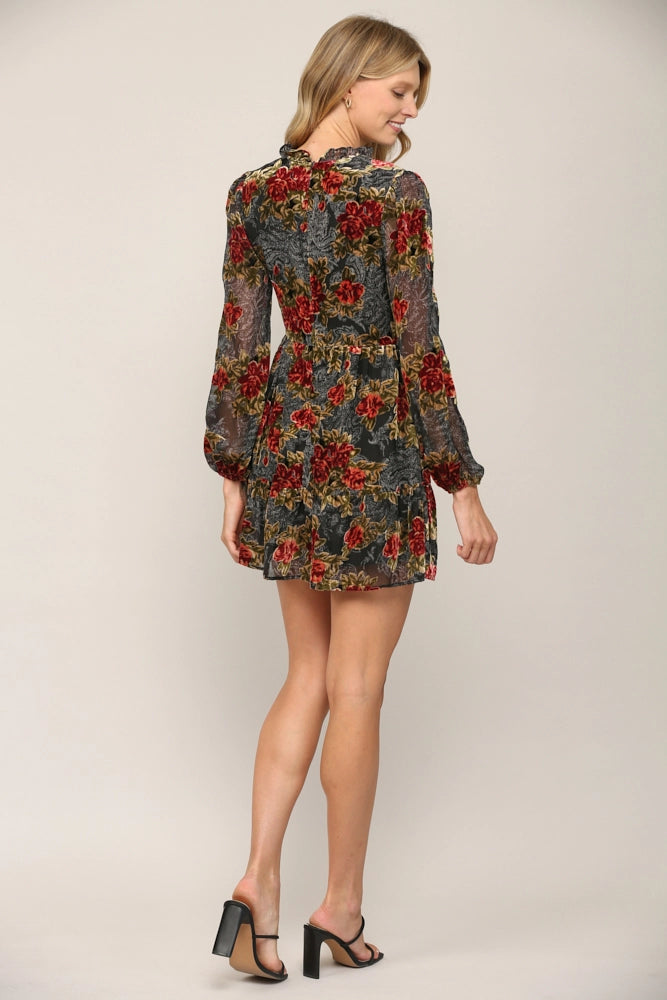 BRIDGE Floral BurnOut Velvet SplitNeck Dress