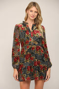 BRIDGE Floral BurnOut Velvet SplitNeck Dress