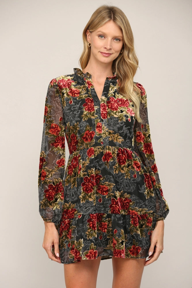 BRIDGE Floral BurnOut Velvet SplitNeck Dress