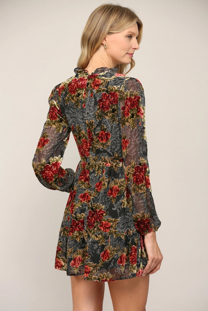 BRIDGE Floral BurnOut Velvet SplitNeck Dress