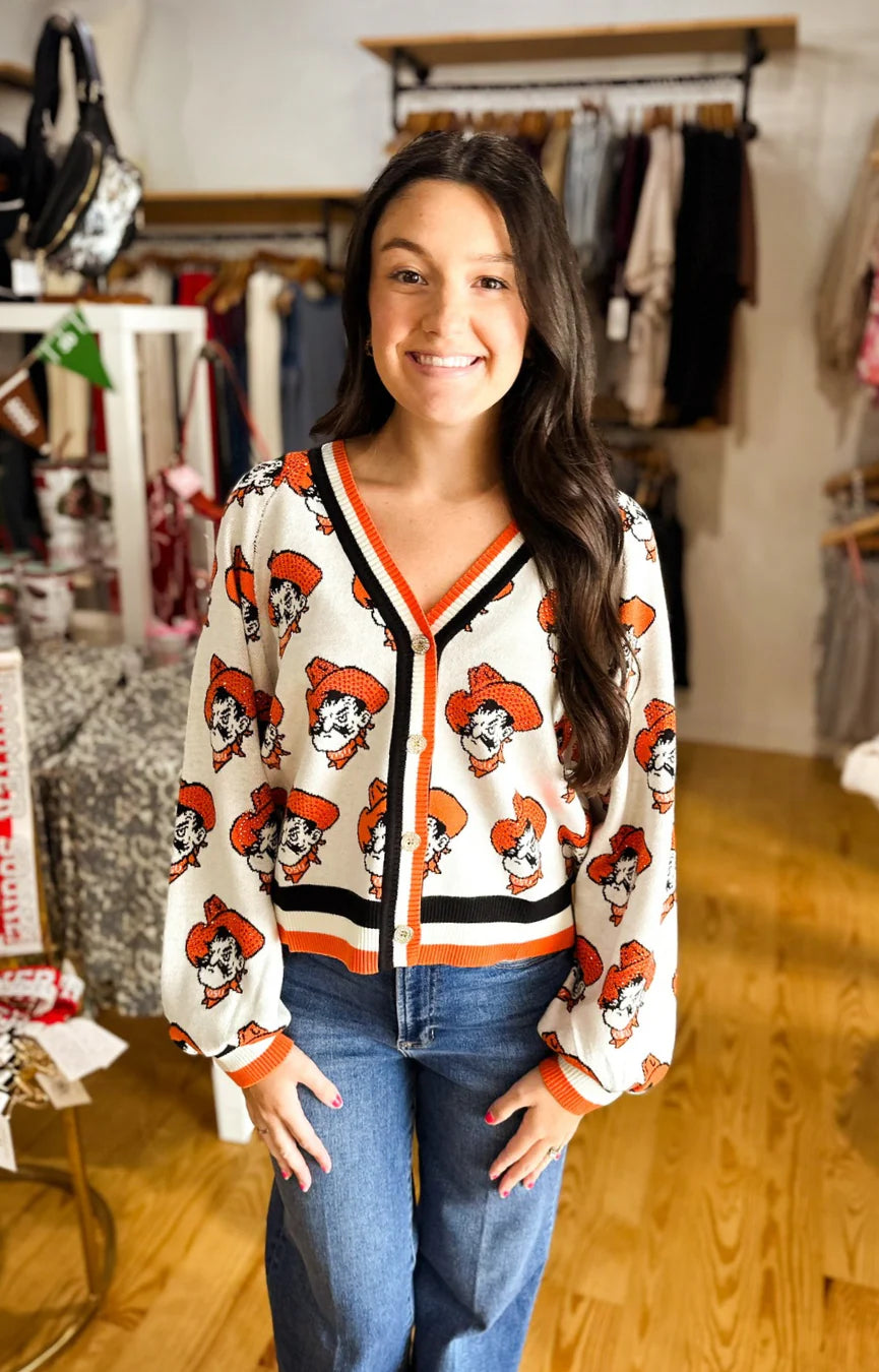 QUEEN OF SPARKLES Licensed Knit OKLAHOMA STATE Sequin Pistol Pete Rhinestone OSU Cardigan Top