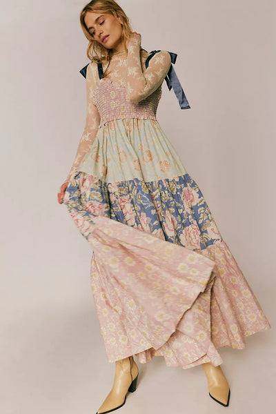FREE PEOPLE Maxi BLUEBELL Patchwork Tiered Dress – Silver Accents