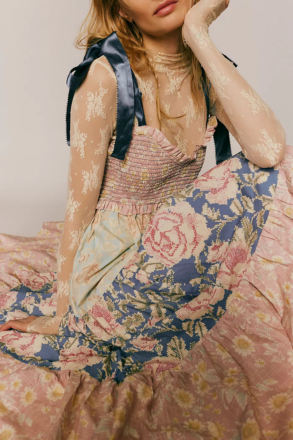 FREE PEOPLE Maxi BLUEBELL Patchwork Tiered Dress