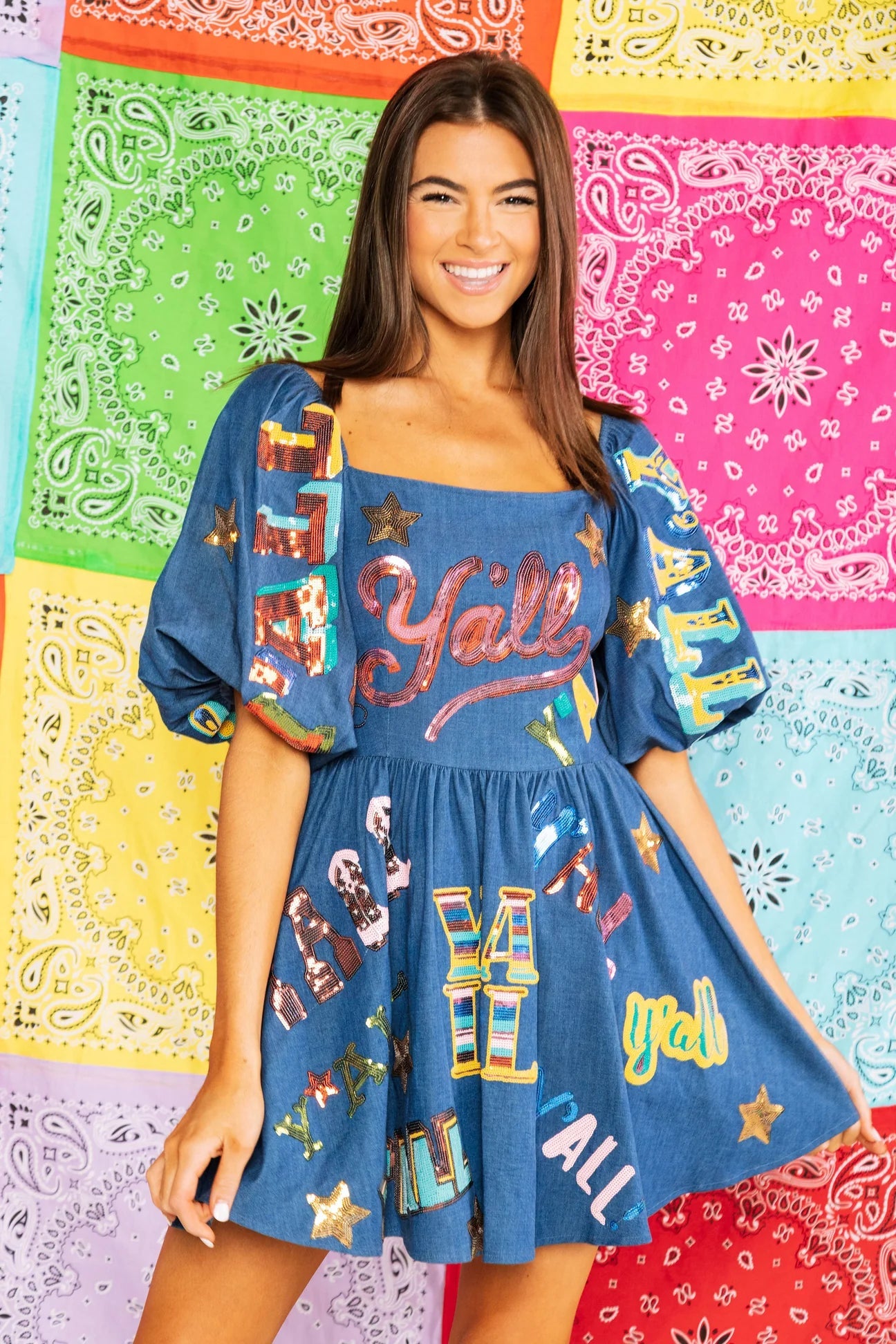 QUEEN OF SPARKLES Denim Y’ALL AllOver Sequin Dress