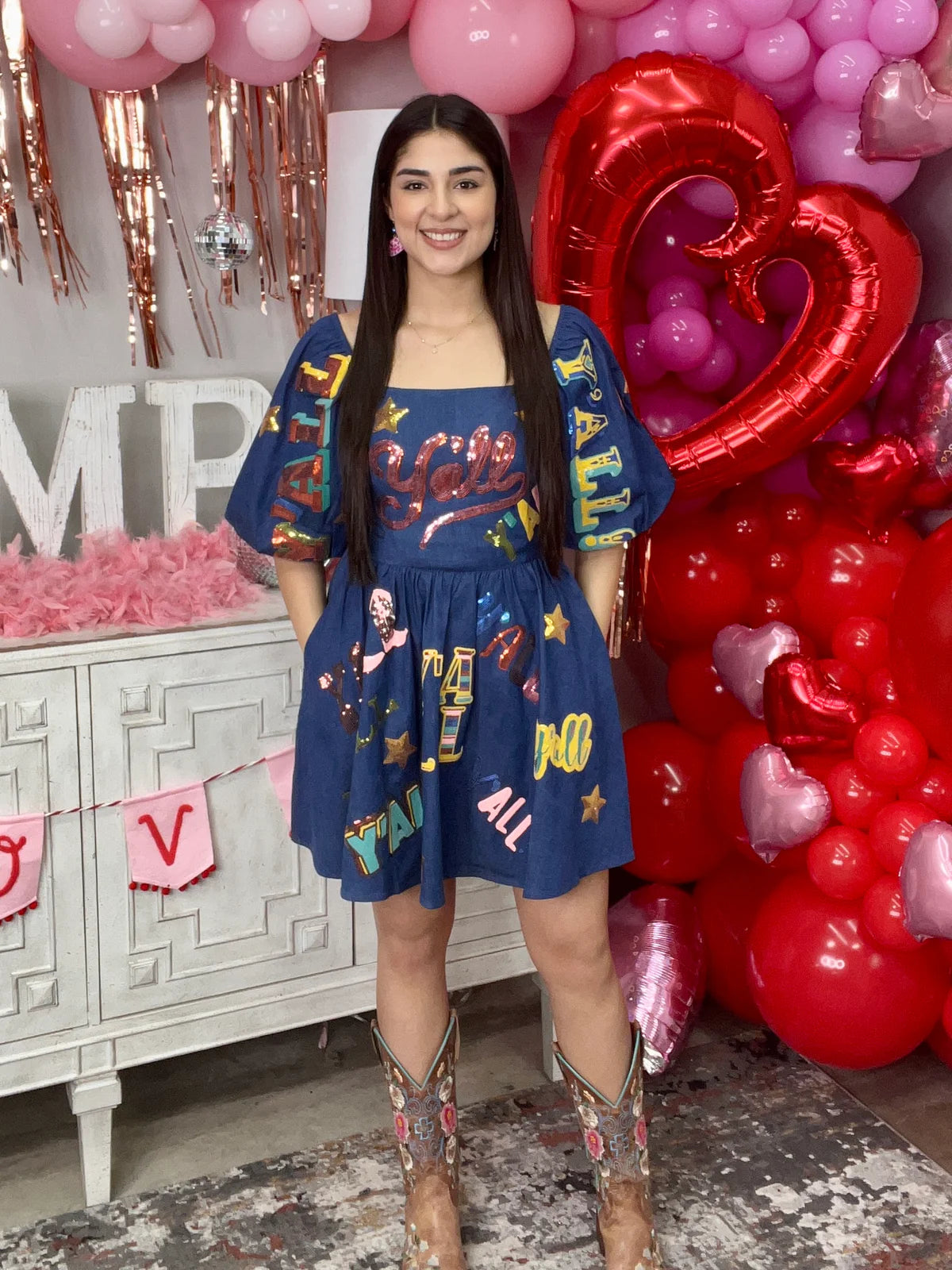 QUEEN OF SPARKLES Denim Y’ALL AllOver Sequin Dress