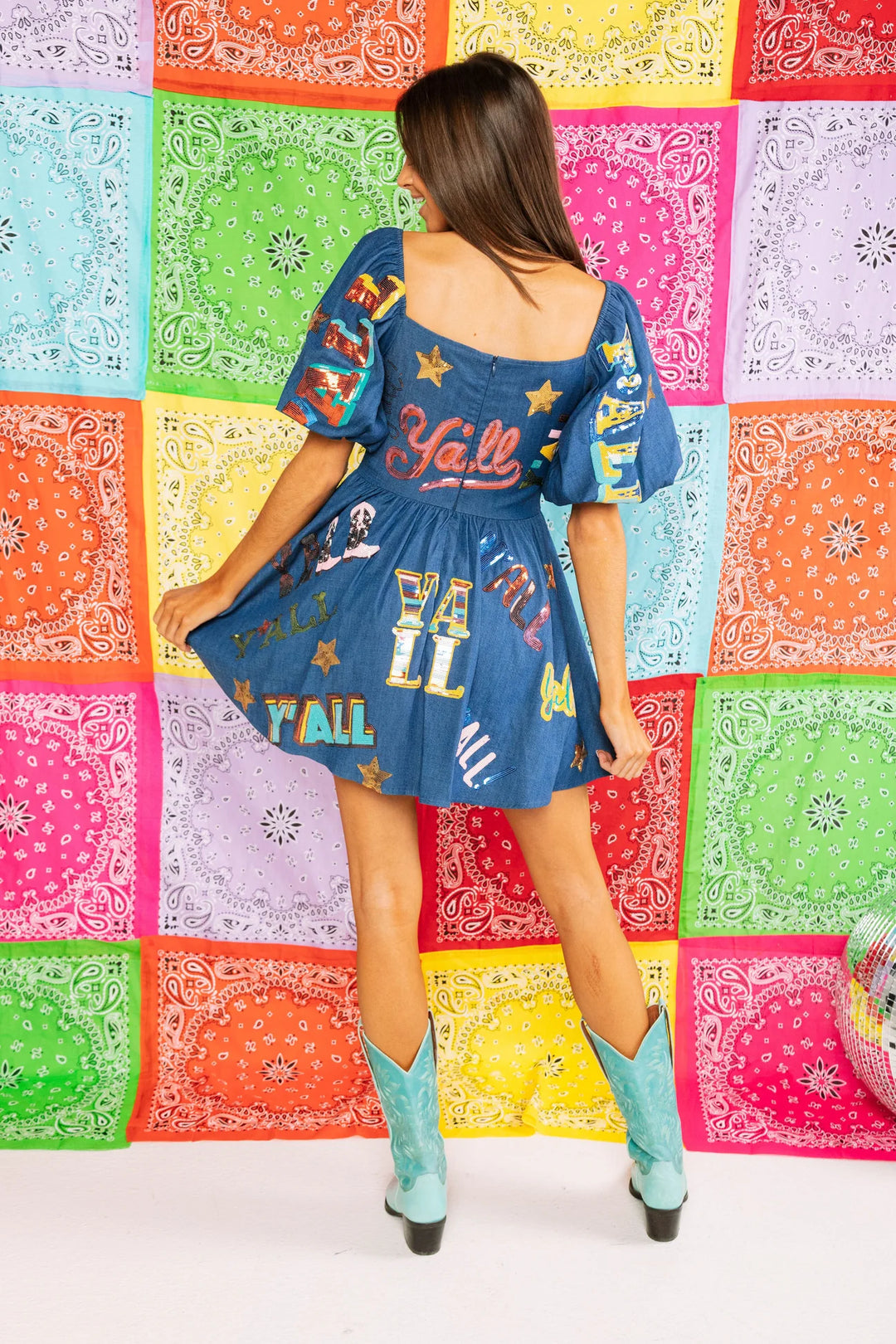 QUEEN OF SPARKLES Denim Y’ALL AllOver Sequin Dress