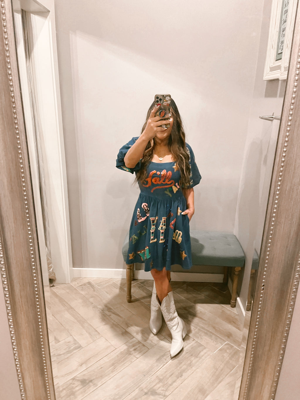 QUEEN OF SPARKLES Denim Y’ALL AllOver Sequin Dress