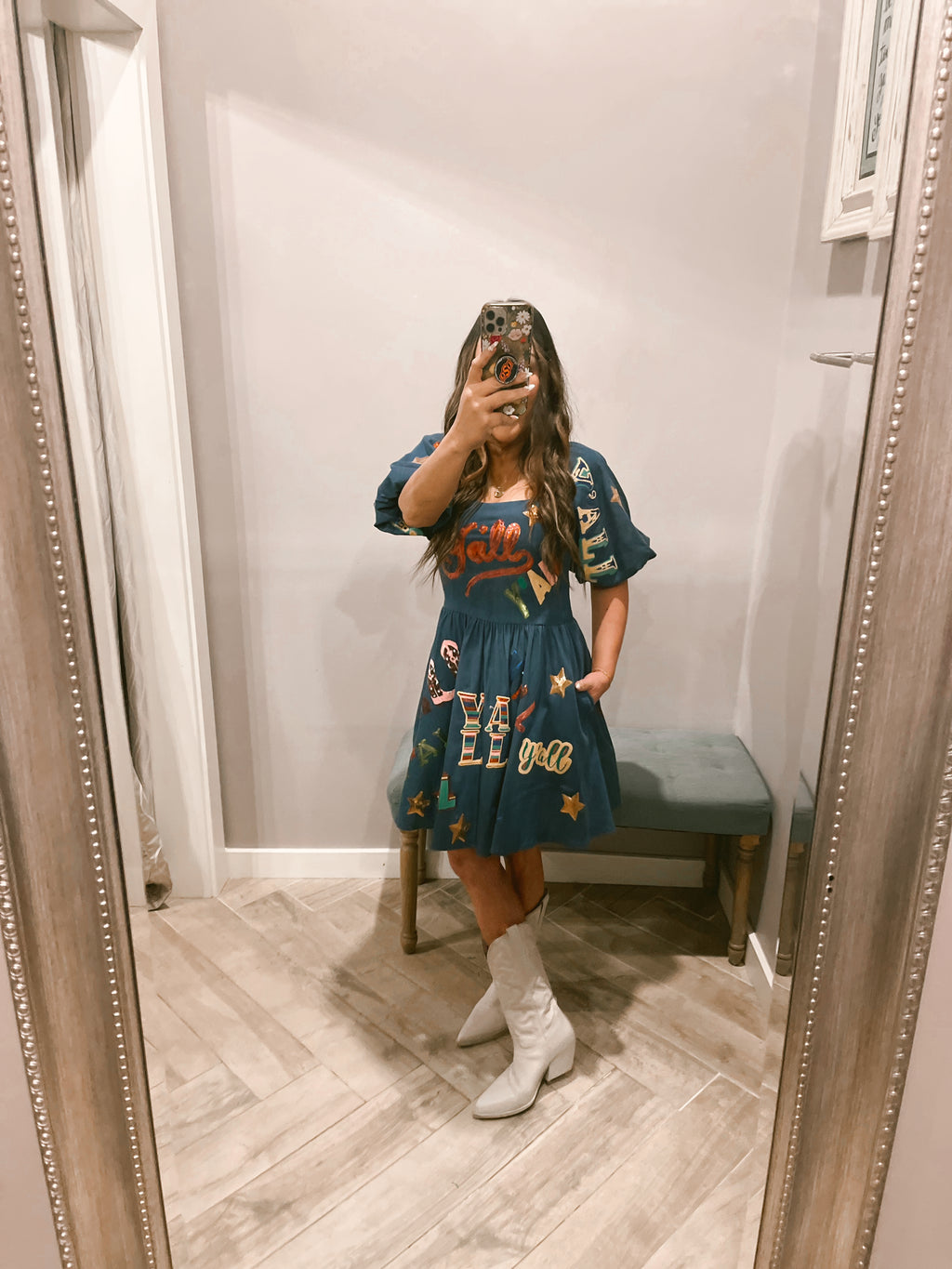 QUEEN OF SPARKLES Denim Y’ALL AllOver Sequin Dress