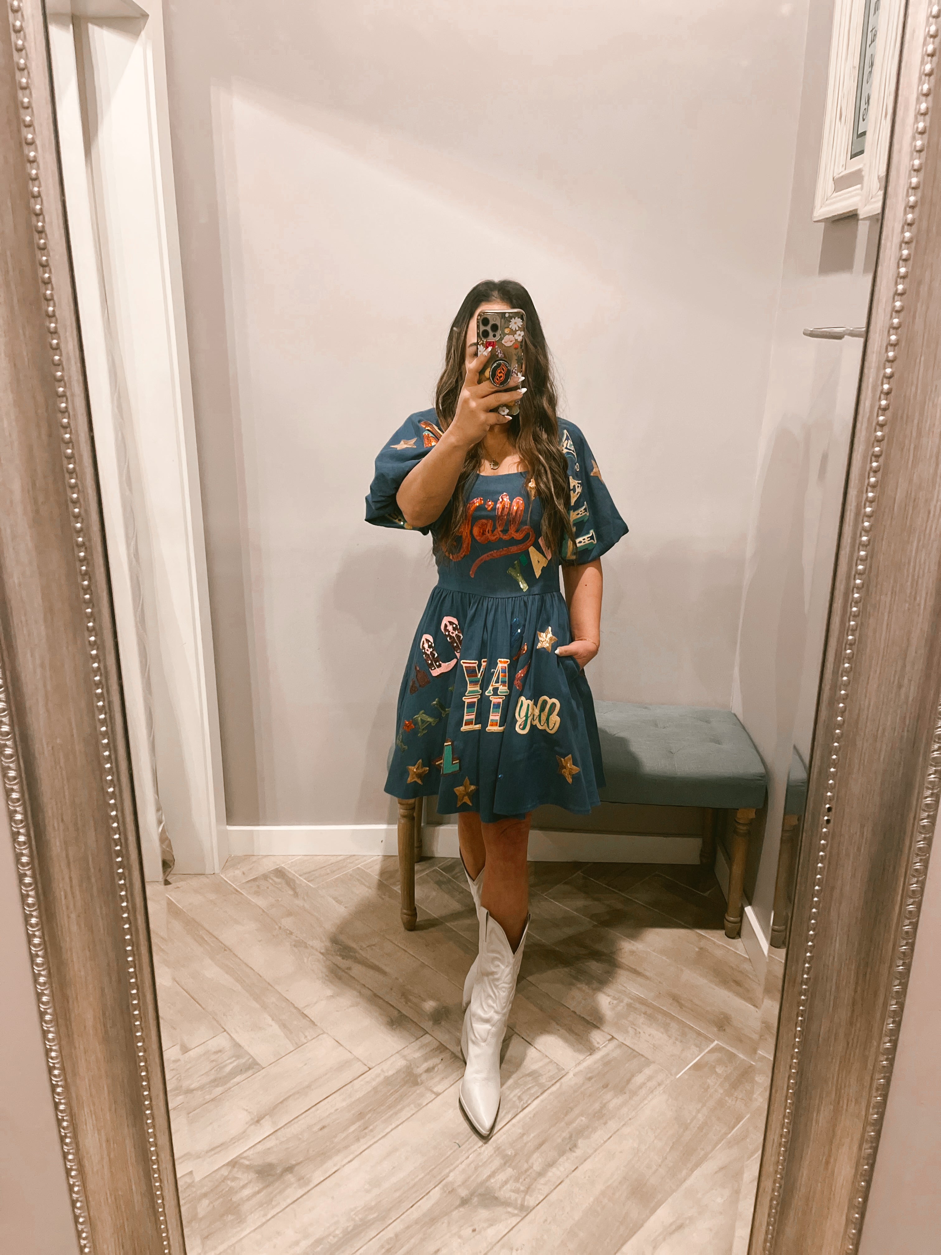 QUEEN OF SPARKLES Denim Y’ALL AllOver Sequin Dress