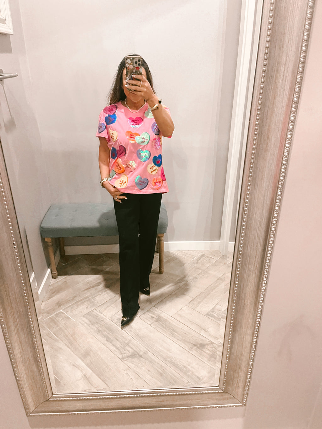 QUEEN OF SPARKLES Sequin CANDY HEARTS Tee Shirt Top