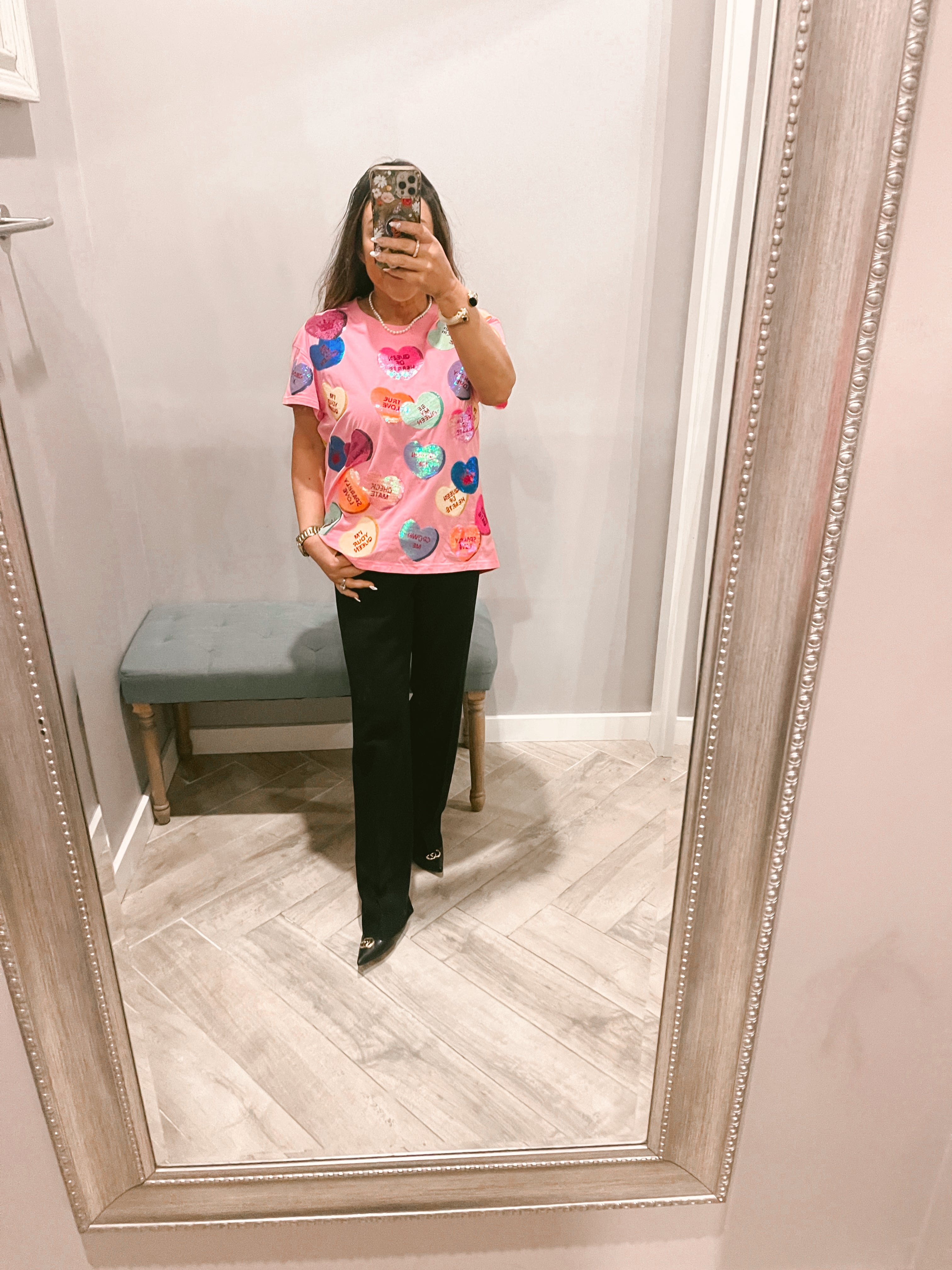 QUEEN OF SPARKLES Sequin CANDY HEARTS Tee Shirt Top