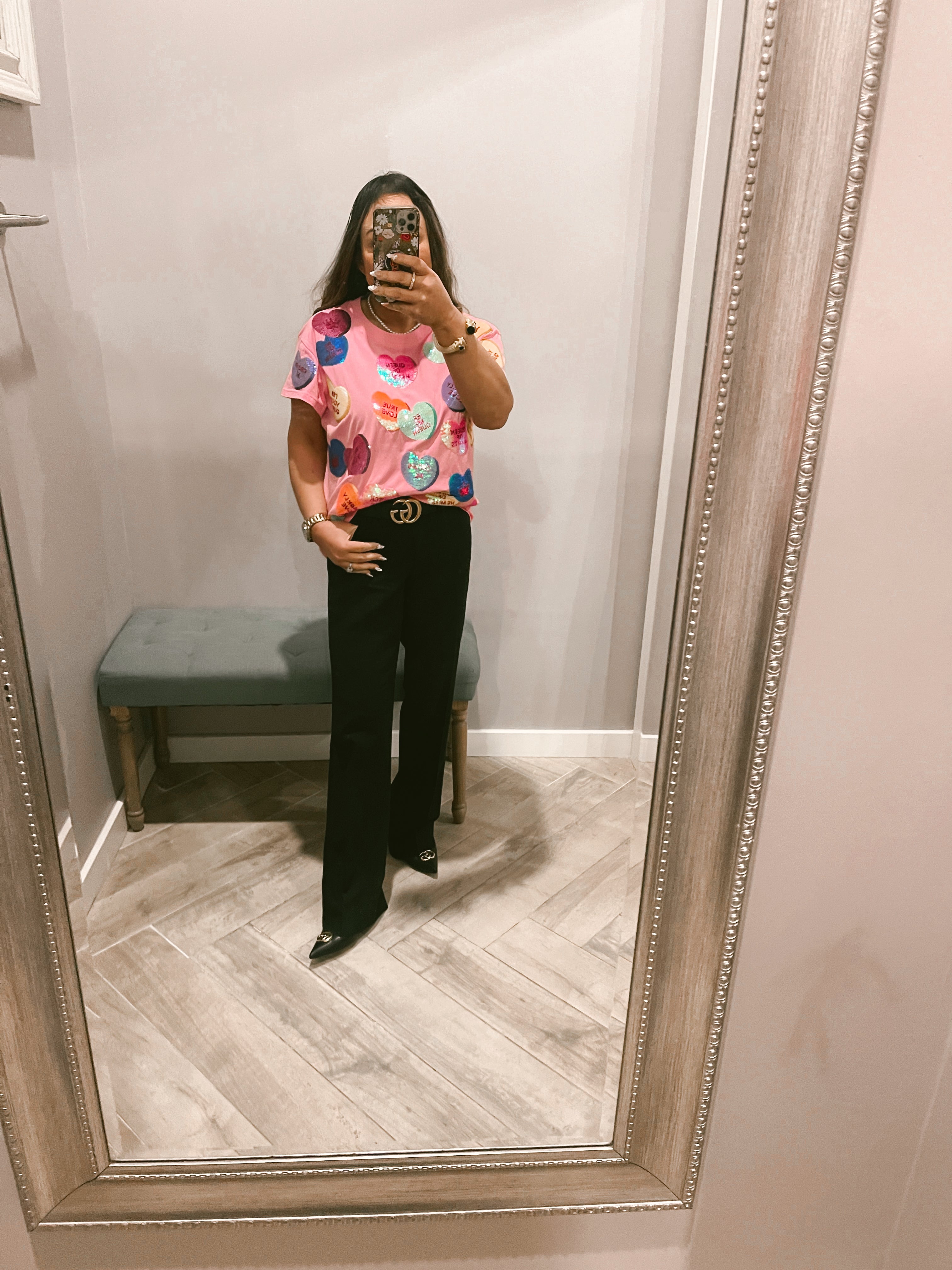 QUEEN OF SPARKLES Sequin CANDY HEARTS Tee Shirt Top