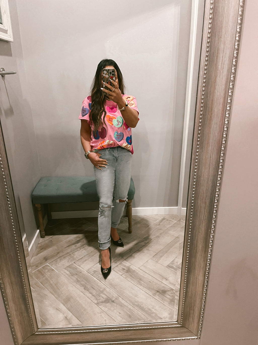 QUEEN OF SPARKLES Sequin CANDY HEARTS Tee Shirt Top