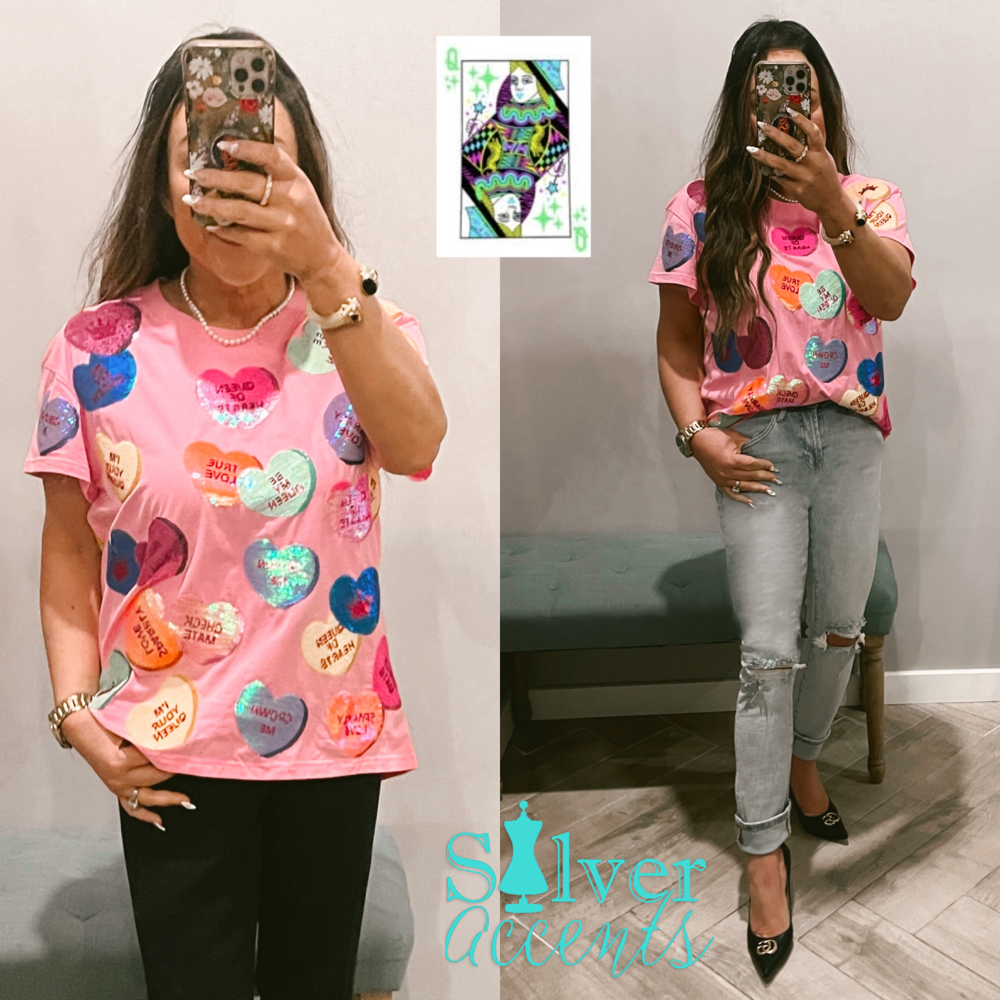 QUEEN OF SPARKLES Sequin CANDY HEARTS Tee Shirt Top