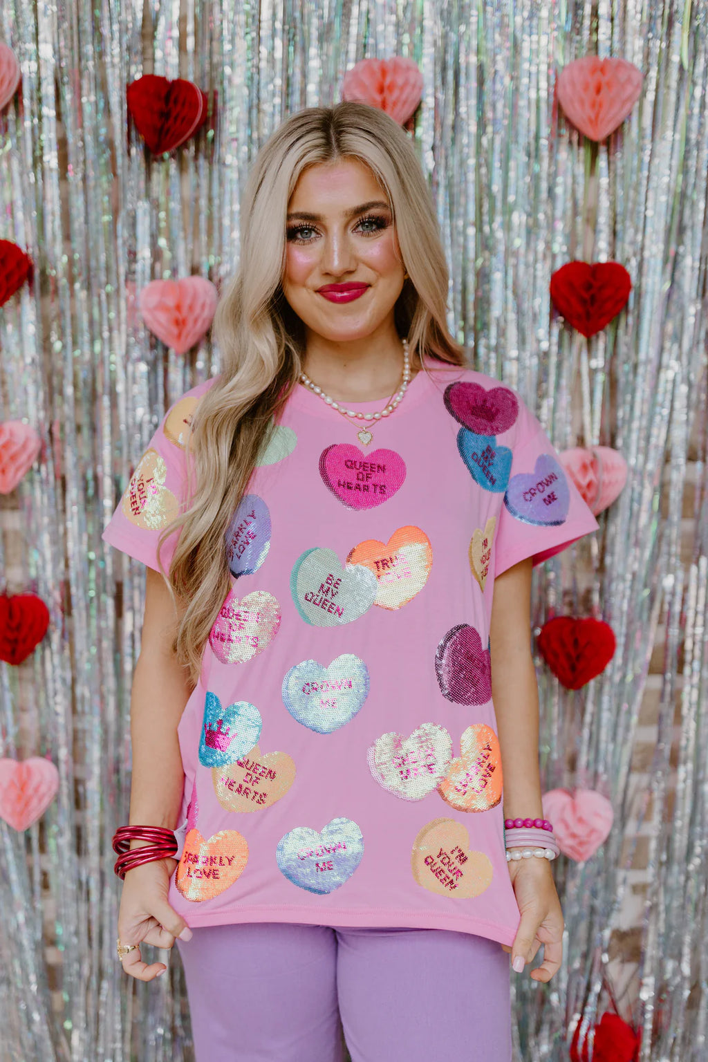 QUEEN OF SPARKLES Sequin CANDY HEARTS Tee Shirt Top