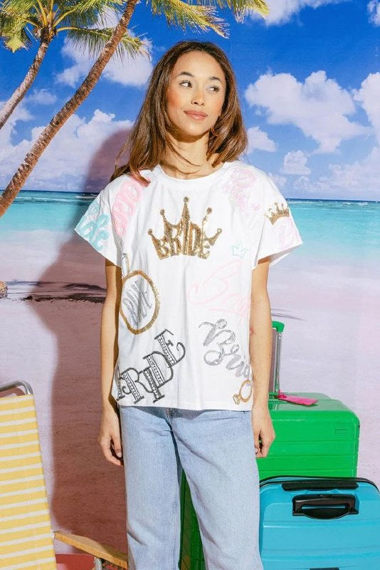 QUEEN OF SPARKLES Sequin BRIDE ALLOVER Tee Top