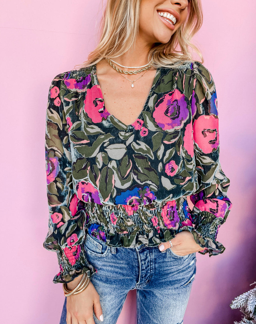 ANOTHER LOVE Velvet BurnOut CANDICE Floral SmockWaist Top