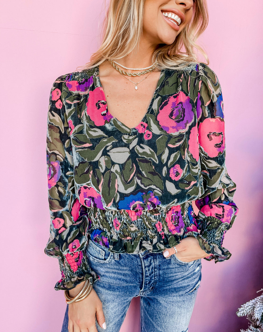 ANOTHER LOVE Velvet BurnOut CANDICE Floral SmockWaist Top