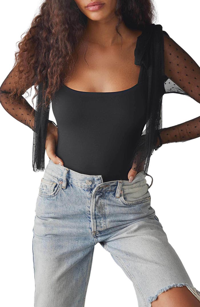 FREE PEOPLE Sheer Sleeve TONGUE TIED Bodysuit Top