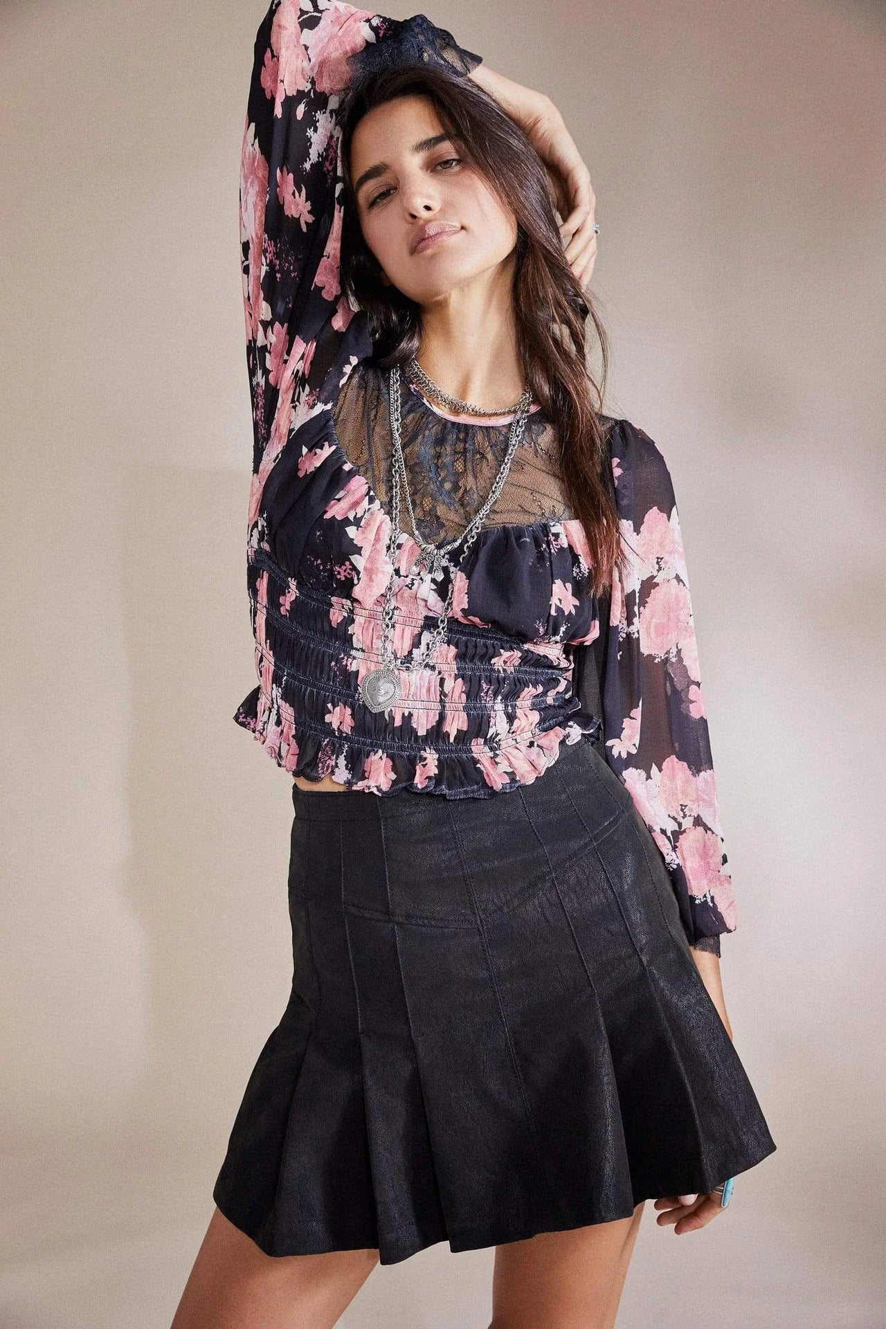 FREE PEOPLE Floral/ Lace DAPHNE Smocked Blouse Top
