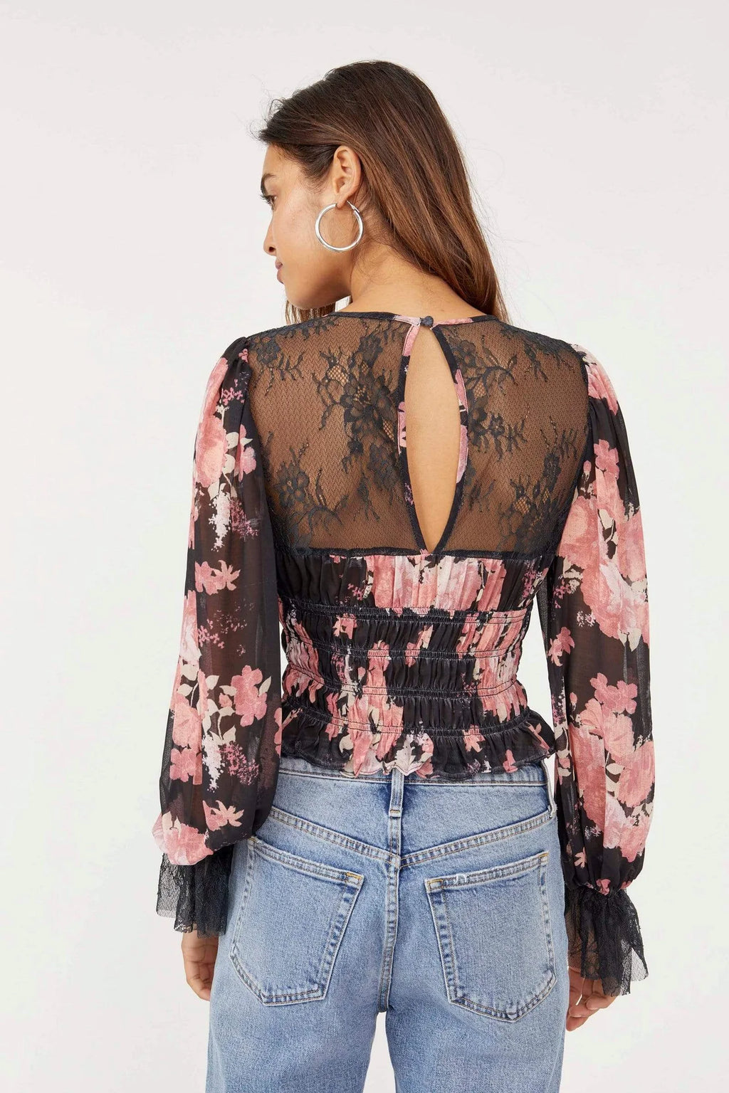 FREE PEOPLE Floral/ Lace DAPHNE Smocked Blouse Top