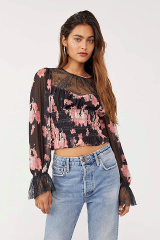 FREE PEOPLE Floral/ Lace DAPHNE Smocked Blouse Top