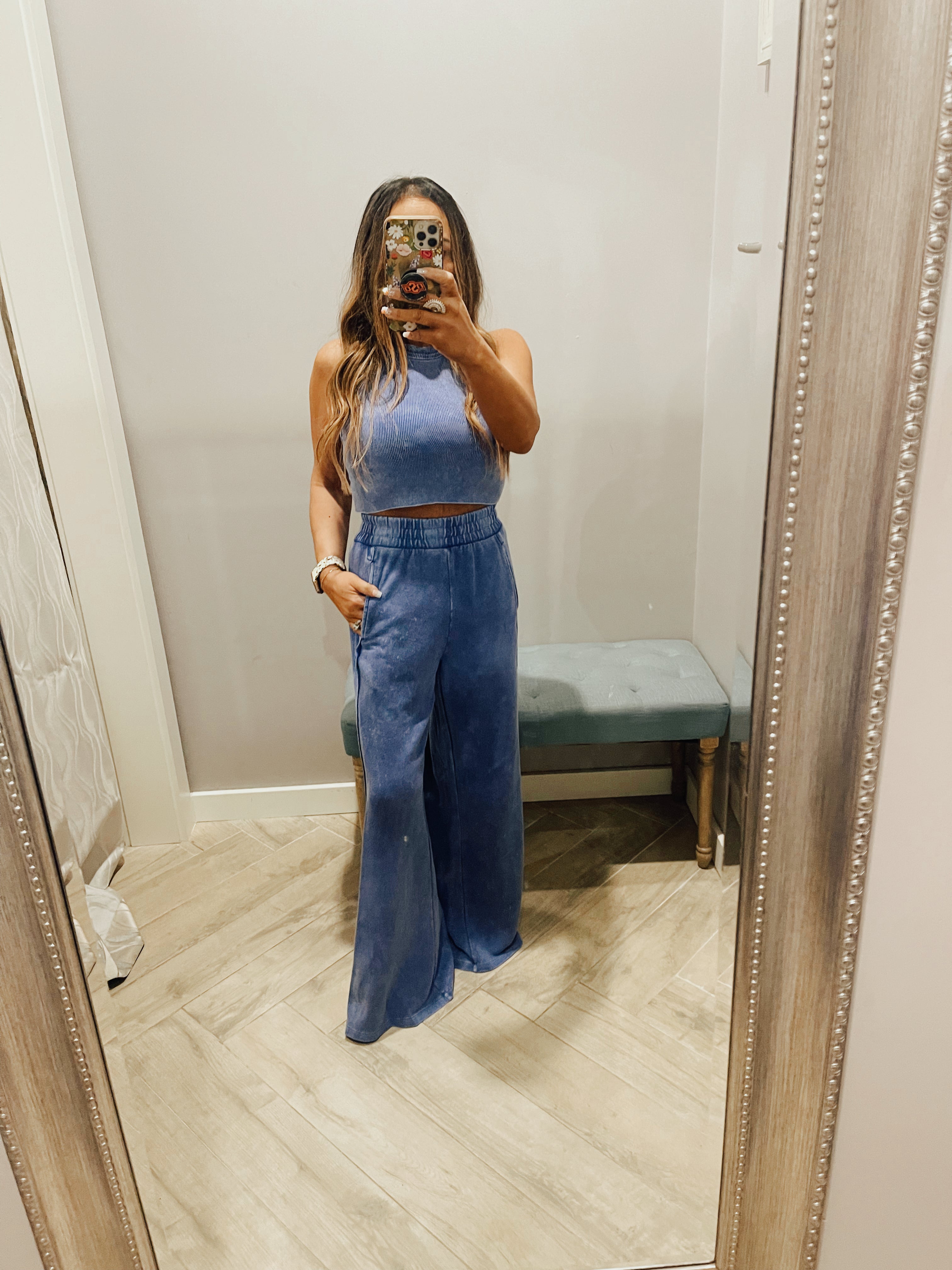 RISEN 2Piece HalterNeck RibMix WideLeg Pant Set