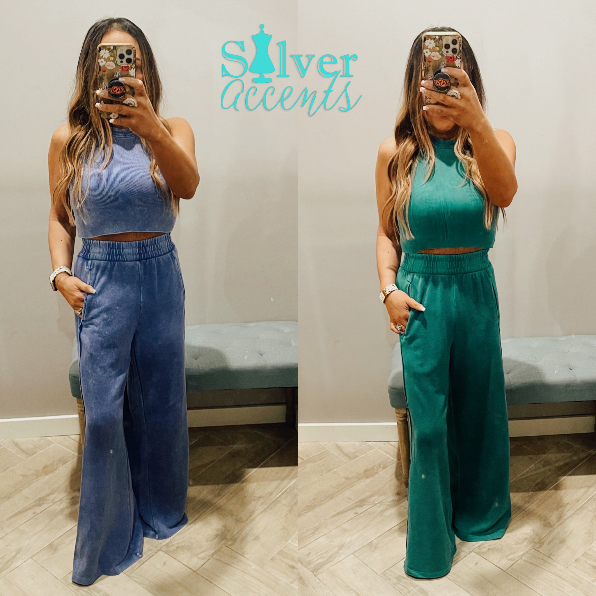 RISEN 2Piece HalterNeck RibMix WideLeg Pant Set