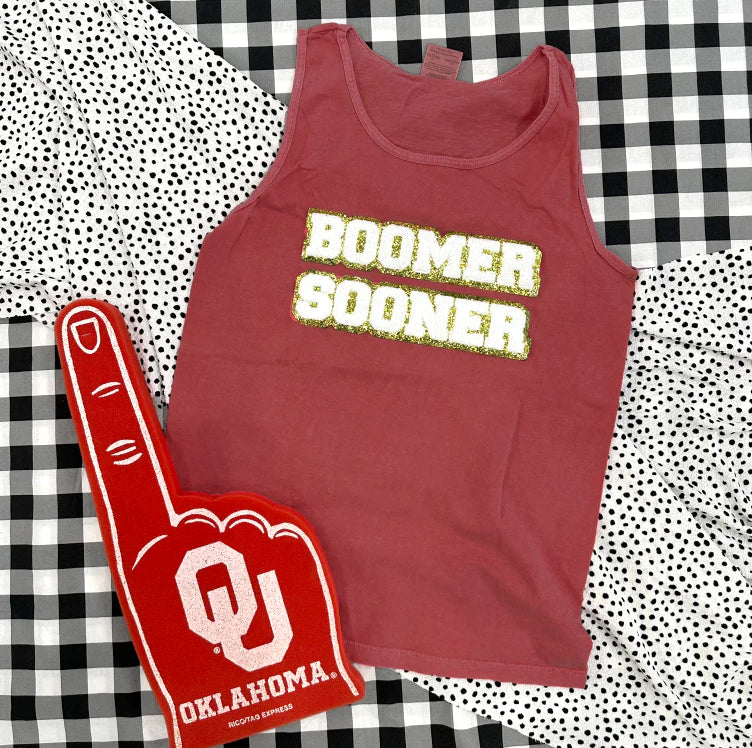 CALAMITY JANE Chenille Patches BOOMER SOONER CrewNeck Tank Top