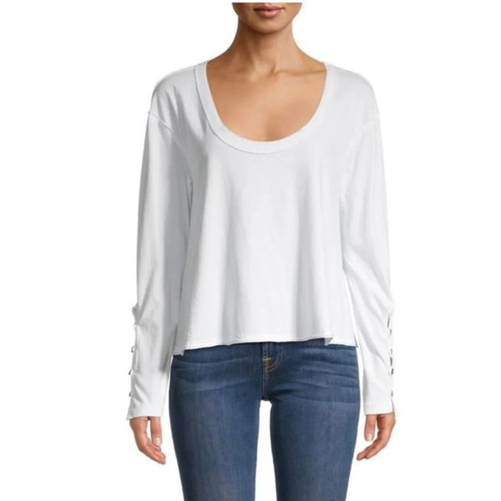 FREE PEOPLE ScoopNeck PEONY ButtonSleeve Flowy Tee Top