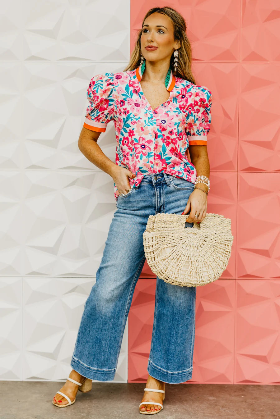 MCKENNA Floral Contrast StripeTrim Collared V-Neck Top