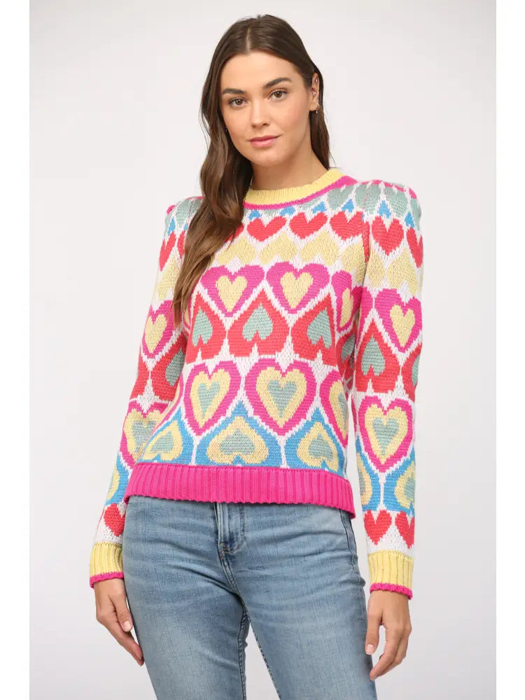*SHIRELLE Heart Jacquard PuffSleeve Sweater Top