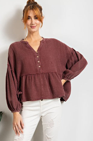 CARMEN Mineral Wash Bubble Sleeve Top