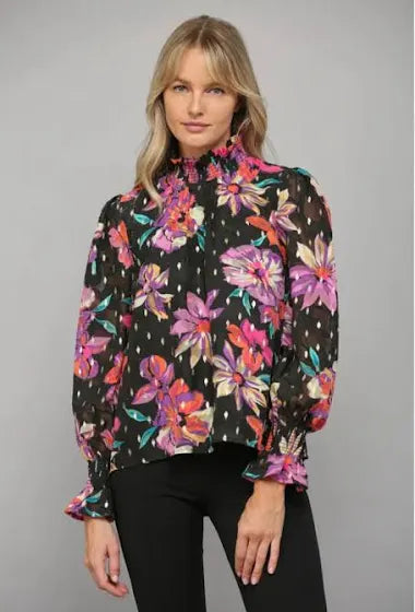 IRIS Floral Smock High Neck Foil Detail Top