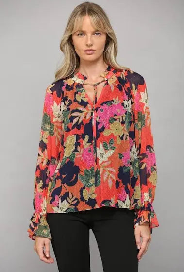 BOULEVARD Floral Ruffle Neck Blouse