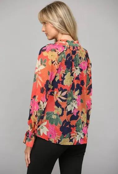 BOULEVARD Floral Ruffle Neck Blouse