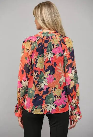 BOULEVARD Floral Ruffle Neck Blouse