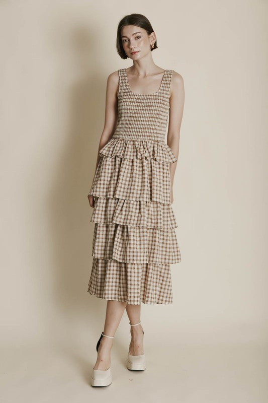 Aureum CELESTE Gingham Tiered Smock Midi Dress