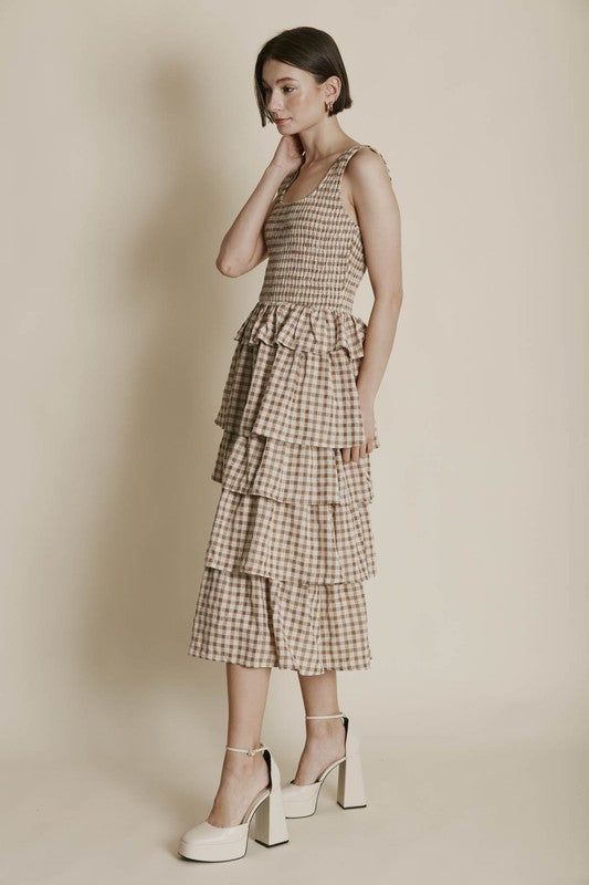 Aureum CELESTE Gingham Tiered Smock Midi Dress